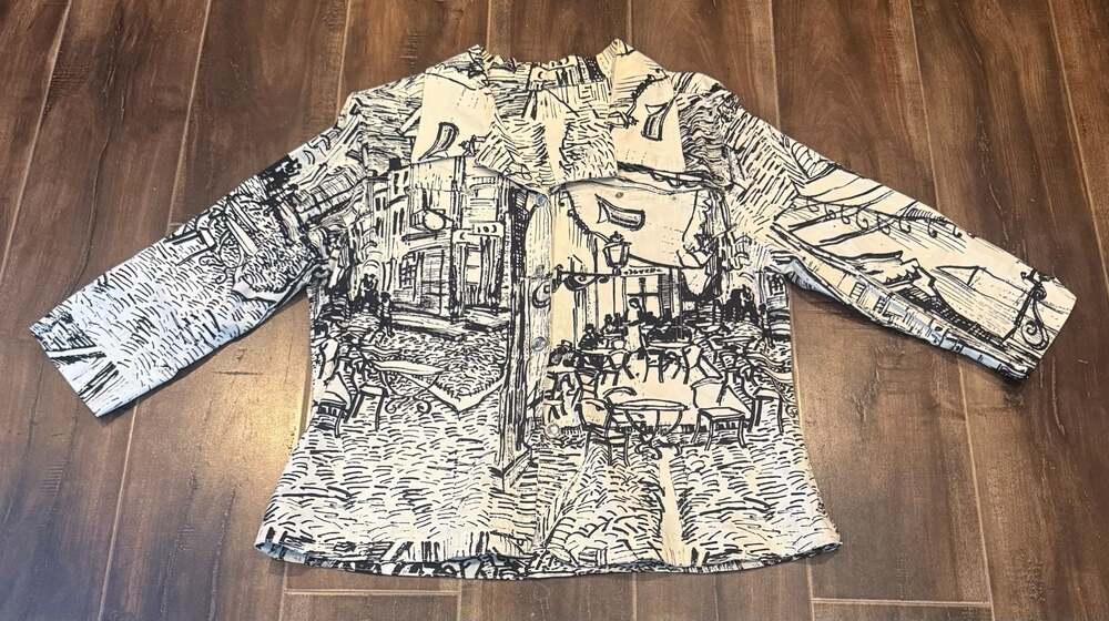 Vintage Black and White Parisian Street Scene Print Button Down Shirt Jacket